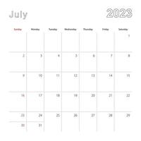 calendario de pared simple para julio de 2023 con líneas punteadas. el calendario está en inglés, la semana comienza el domingo. vector