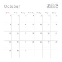 calendario de pared simple para octubre de 2023 con líneas punteadas. el calendario está en inglés, la semana comienza el domingo. vector