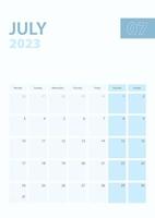 Vertical calendar page of July 2023, Week starts from Monday. vector