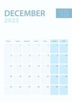 página de calendario vertical de diciembre de 2023, la semana comienza el lunes. vector