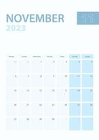 página de calendario vertical de noviembre de 2023, la semana comienza el lunes. vector