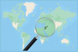 Map of the world with a magnifying glass on a map of Jordan. vector