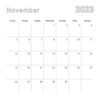 calendario de pared simple para noviembre de 2023 con líneas punteadas. el calendario está en inglés, la semana comienza el domingo. vector