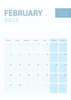 Vertical calendar page of February 2023, Week starts from Monday. vector