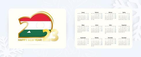 Horizontal Pocket Calendar 2023 in Hungarian language. New Year 2023 icon with flag of Hungary. vector