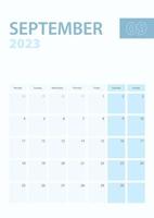 página de calendario vertical de septiembre de 2023, la semana comienza el lunes. vector