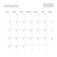 calendario de pared simple para enero de 2023 con líneas punteadas. el calendario está en inglés, la semana comienza el domingo. vector