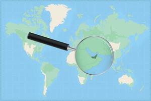 Map of the world with a magnifying glass on a map of United Arab Emirates. vector