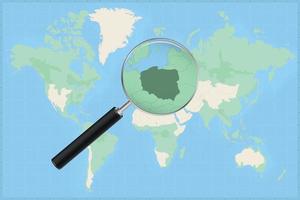 Map of the world with a magnifying glass on a map of Poland. vector