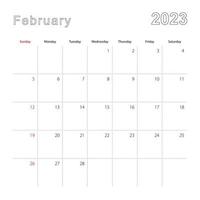 calendario de pared simple para febrero de 2023 con líneas punteadas. el calendario está en inglés, la semana comienza el domingo. vector