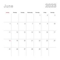 Simple wall calendar for June 2023 with dotted lines. The calendar is in English, week start from Sunday. vector