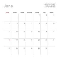 calendario de pared simple para junio de 2023 con líneas punteadas. el calendario está en inglés, la semana comienza el domingo. vector