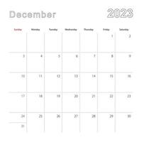calendario de pared simple para diciembre de 2023 con líneas punteadas. el calendario está en inglés, la semana comienza el domingo. vector