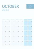 Vertical calendar page of October 2023, Week starts from Monday. vector