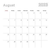 calendario de pared simple para agosto de 2023 con líneas punteadas. el calendario está en inglés, la semana comienza el domingo. vector