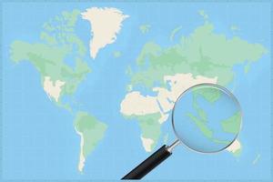 Map of the world with a magnifying glass on a map of Singapore. vector