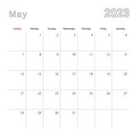 calendario de pared simple para mayo de 2023 con líneas punteadas. el calendario está en inglés, la semana comienza el domingo. vector