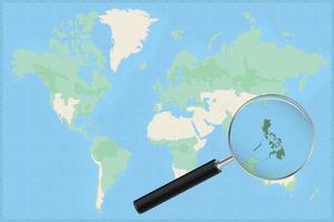 Map of the world with a magnifying glass on a map of Philippines. vector