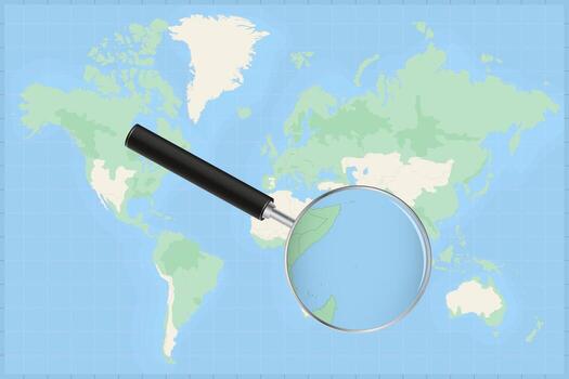 Map of the world with a magnifying glass on a map of Seychelles. vector