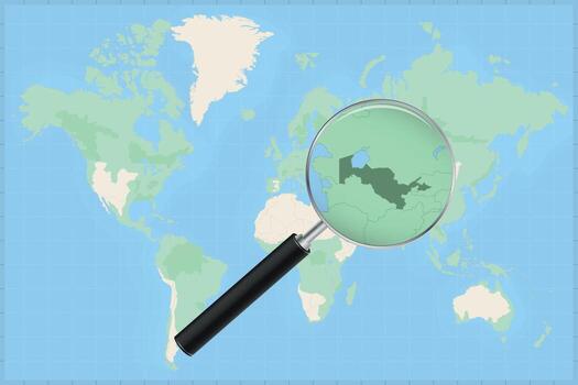 Map of the world with a magnifying glass on a map of Uzbekistan. vector