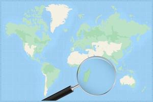 Map of the world with a magnifying glass on a map of Mauritius. vector