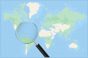 Map of the world with a magnifying glass on a map of Puerto Rico. vector