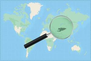 Map of the world with a magnifying glass on a map of Kyrgyzstan. vector