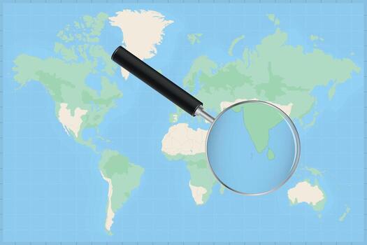 Map of the world with a magnifying glass on a map of Maldives. vector