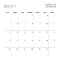 calendario de pared simple para marzo de 2023 con líneas punteadas. el calendario está en inglés, la semana comienza el domingo. vector