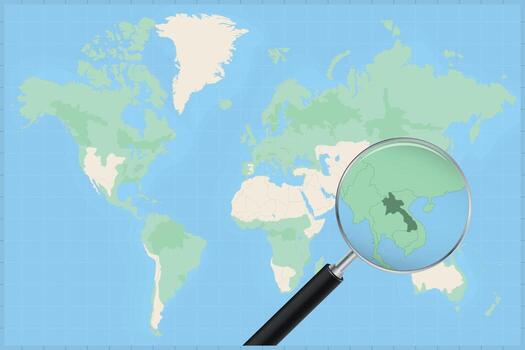 Map of the world with a magnifying glass on a map of Laos. vector