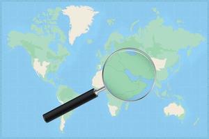 Map of the world with a magnifying glass on a map of Bahrain. vector