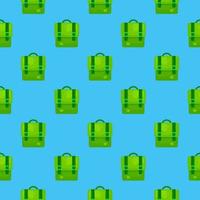 Green backpack , seamless pattern on a blue background. vector