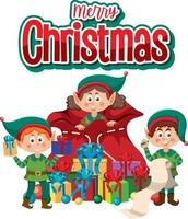 Merry Christmas text with elves cartoon character vector