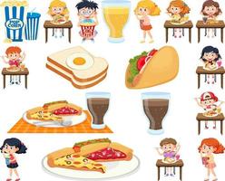 conjunto de diferentes comidas chatarra y niños vector