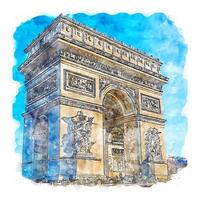 Arc de Triomphe Paris Watercolor sketch hand drawn illustration vector