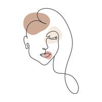 The face of a beautiful woman in the style of line art with colored spots. vector illustration