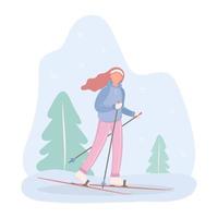 A young girl goes skiing through the forest. vector illustration