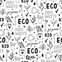 Eco doodles seamless vector pattern. Symbols of environmental care - recycling, save the planet, no plastic. Go green, zero waste. Natural eco-friendly products. Background for wallpaper, packaging