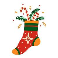 Christmas sock vector icon. Festive stocking with sweet lollipops, spruce branches. Gift from Santa Claus. Hand drawn illustration isolated on white. Flat cartoon clipart for cards, posters, prints