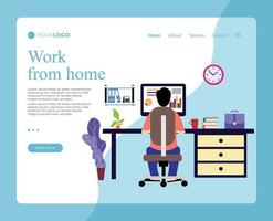 man working at home. stay at home, work from home. freelancer man working at computer from his home offfice. landing page for website. home page layout vector