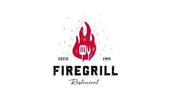 Fire flame grill spatula fork hipster vintage logo icon illustration vector
