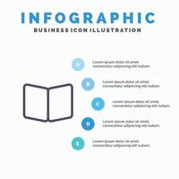 icono de línea de portada de diseño de página de libro abierto con fondo de infografía de presentación de 5 pasos vector