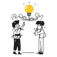 hand drawn doodle people with tangled bulb symbol for teamwork solving business problems illustration vector