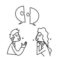 hombres y mujeres de fideos dibujados a mano con ilustración de rompecabezas de charla de burbujas a juego vector