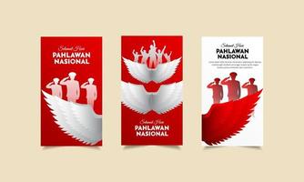 hari pahlawan es el diseño del día de los héroes indonesios con estilo vertical. celebración del día de los héroes de la colección de historias de diseño de indonesia vector