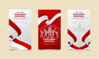 colección de historias de diseño del día de los héroes de indonesia. hari pahlawan es el diseño del día de los héroes indonesios con estilo vertical vector