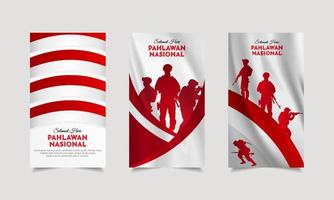 celebración del día de los héroes de la colección de historias de diseño de indonesia. hari pahlawan es el diseño del día de los héroes indonesios con estilo vertical vector