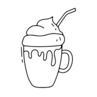 Doodle glass mug with cream and straw isolated on white background. vector