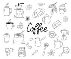 conjunto de bocetos de café. garabatear taza de café, turco y molinillo. ilustración vectorial aislado en blanco vector