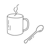 Hot tea or coffee cup and spoon icon. Doodle vector isolated on white